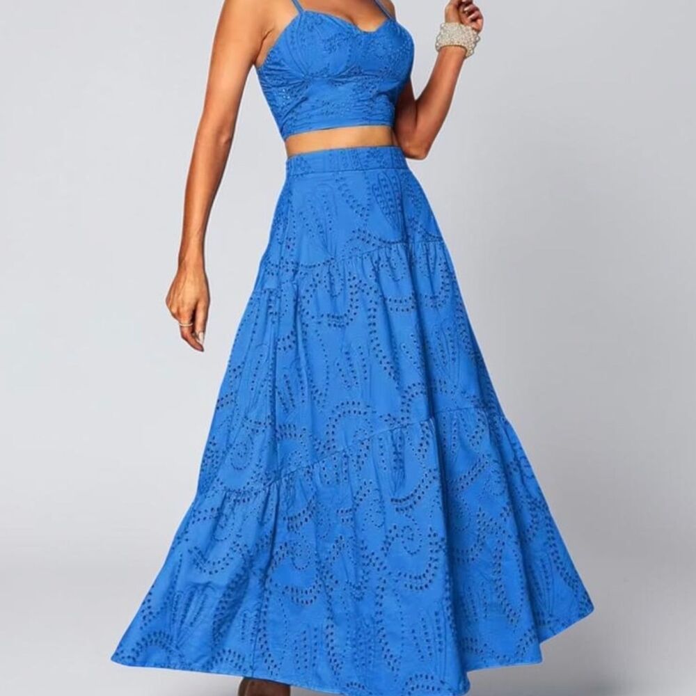SHEIN XS Blue Eyelet 2 Piece Maxi Skirt Set Crop Top Matching Summer Outfit NWOT